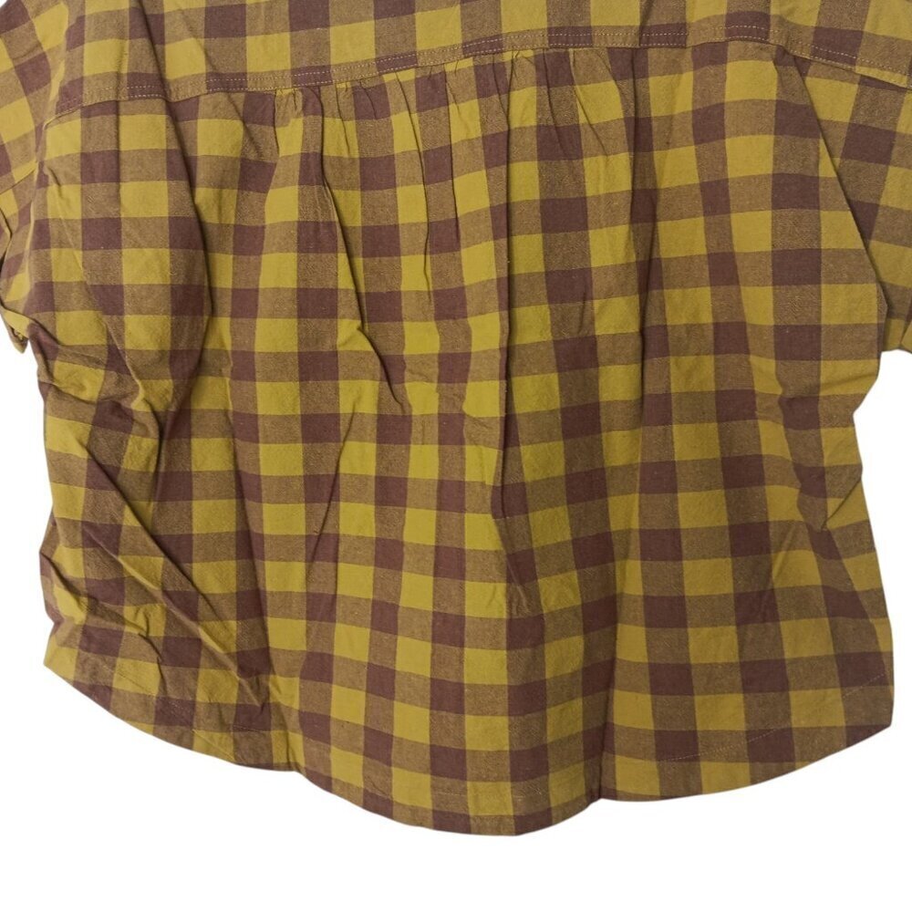 New Easel Mustard Gingham Plaid Cropped Button Front Shirt S-L 100% Cotton - Picture 8 of 13